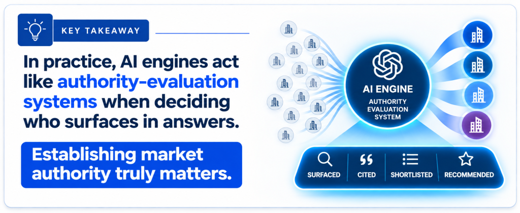Infographic showing how AI engines evaluate brand authority, narrowing a broad market to select brands that are surfaced, cited, shortlisted, and recommended in AI answers.