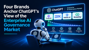 Research brief thumbnail showing ChatGPT analyzing the Enterprise AI Governance Platform market, with Credo AI, IBM, Holistic AI, and ModelOp highlighted as four Anchor brands on an AI-powered market intelligence dashboard.