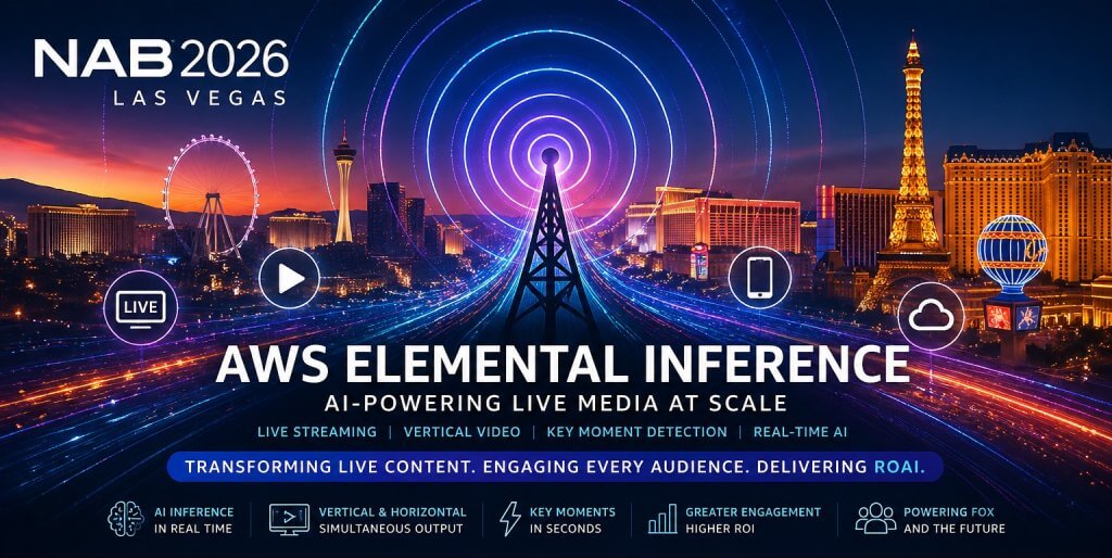 AWS Elemental Inference at NAB 2026 in Las Vegas showing AI-powered live streaming, vertical video conversion, key moment detection, and broadcast signal visualization