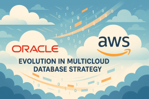 Whimsical digital illustration of Oracle and AWS logos floating in clouds with binary data streams symbolizing multicloud database integration.