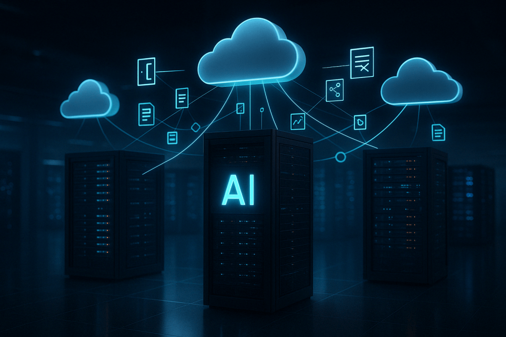 oracle's dat + AI analyst summit shown as a picture with data types flying across servers and clouds.