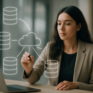 A woman drawing out they connecting of data silos just like Starburst connects siloed data making it usable to AI