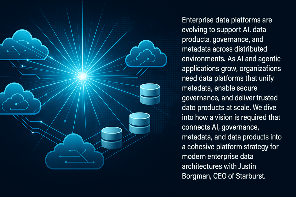 Starburst with data crossing clouds and data storage platforms.