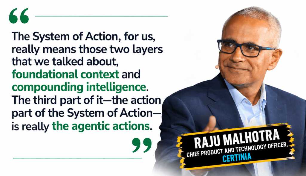 Quote graphic of Raju Malhotra, Certinia's CPO, describing the power of an AI "System of Action" in professional services engagements.