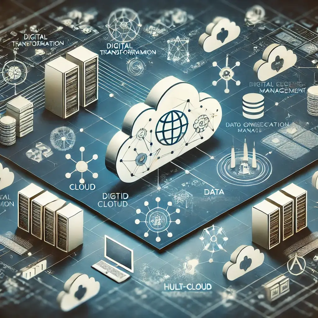 Illustration of hybrid cloud management and digital transformation featuring interconnected cloud icons, data networks, servers, digital grids, and AI symbols. The design represents a futuristic and business-oriented theme, highlighting concepts like cloud computing, cloud orchestration, and multi-cloud environments