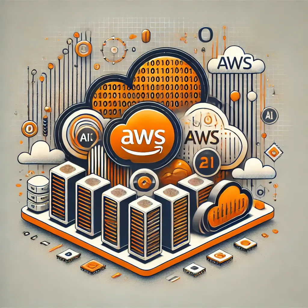 featured image designed for the AWS re:Invent 2024 article, incorporating AWS's signature orange, stylized clouds, binary data representation, servers, storage, and AI chips to reflect the themes of cloud computing and AI innovation