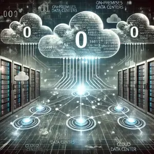 image based on your research note, illustrating binary code (1s and 0s) flowing in a hub-and-spoke pattern between on-premises data centers and cloud data centers.