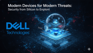A conceptual image for an article on endpoint security, showing layered security features like "Silicon Root of Trust" and "Memory Guard" rising from a microchip base. The Dell Technologies logo is featured next to the article title, "Modern Devices for Modern Threats: Security from Silicon to Endpoint."