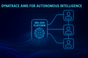Futuristic digital illustration showing the Dynatrace 3rd-gen platform emitting data to an organizational hierarchy, symbolizing AI-driven autonomous operations.