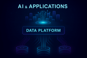 Futuristic illustration of data flowing from storage disks through a data platform into AI and applications.