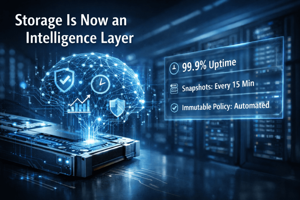 Futuristic enterprise flash storage system with embedded AI neural network and SLA dashboard overlay, illustrating storage as an intelligent layer in modern AI infrastructure.