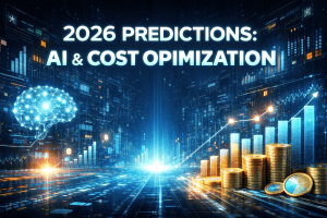 Futuristic visualization of 2026 AI predictions showing cost optimization, enterprise data platforms, and ROI-driven artificial intelligence