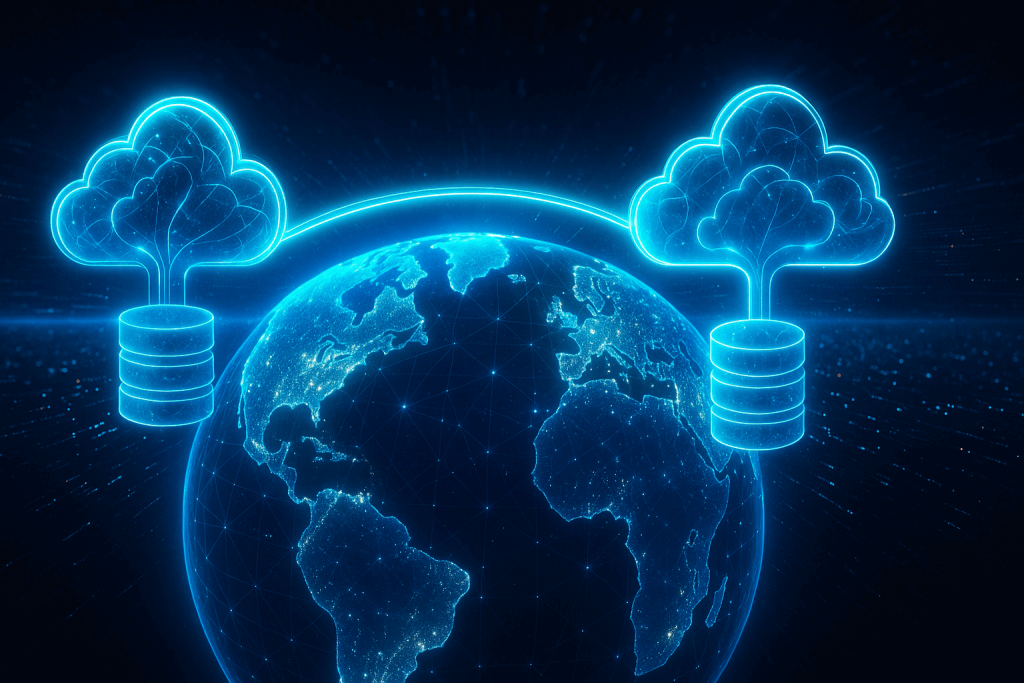 Futuristic illustration of globally distributed databases, showing neon-lit cloud and on-premises databases connected across a glowing Earth.