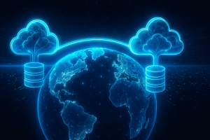 Futuristic illustration of globally distributed databases, showing neon-lit cloud and on-premises databases connected across a glowing Earth.