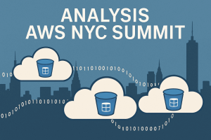 Illustration of AI Agents and Data Platforms with clouds holding data buckets, binary code flowing between them, and the New York City skyline in the background.