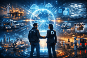 Futuristic visualization of AWS and Deloitte collaboration enabling agentic AI across multiple industries, including manufacturing, healthcare, logistics, energy, and finance.