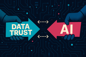 Abstract digital illustration showing two opposing arrows labeled “Data Trust” and “AI” being pulled in opposite directions by robotic hands, symbolizing the tension and balance required between AI innovation and trusted enterprise data.