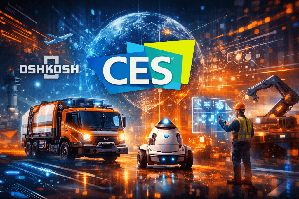 Futuristic scene showing an Oshkosh autonomous refuse truck, airport security robot, and construction worker using AI systems at CES 2026, representing physical AI for end users.