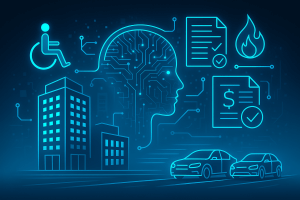 A futuristic smart city illuminated by neon-blue AI circuitry, showing accessibility symbols, document automation, fire detection, housing workflows, and transportation all connected through a composable agentic AI system.