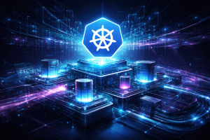 Futuristic illustration of a Kubernetes-native data platform showing unified streaming data, metadata, and AI pipelines powering cloud-native applications.