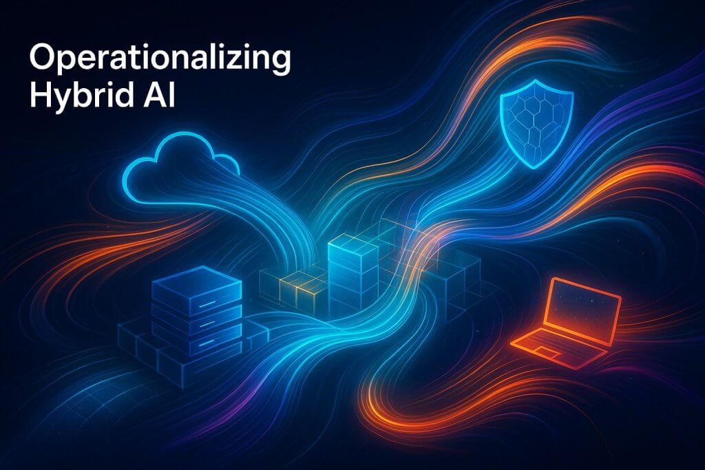 Abstract illustration showing data and AI workflows moving across cloud, data center, edge, and PCs, representing Dell and Microsoft hybrid AI infrastructure at Ignite 2025.