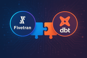 Abstract digital illustration symbolizing the merger of Fivetran and dbt Labs, with two interlocking blue and orange puzzle pieces representing data convergence.