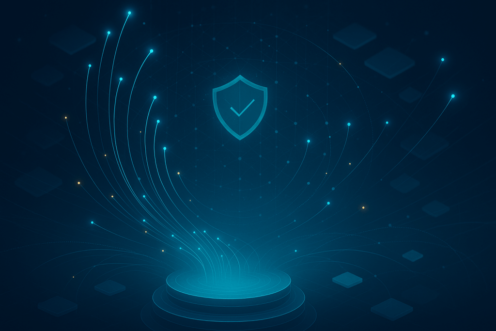 Futuristic abstract security data platform—stacked rings emit fiber-optic light trails into a network sphere, converging on a glowing shield icon.