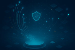 Futuristic abstract security data platform—stacked rings emit fiber-optic light trails into a network sphere, converging on a glowing shield icon.