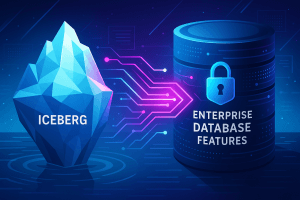 Futuristic digital illustration showing Apache Iceberg data format merging with enterprise database technology, representing open data standards and AI integration in Oracle 26AI Lakehouse platform.