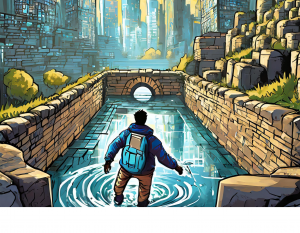 Network Security: Image of a hacker wading through a "moat" looking for network access