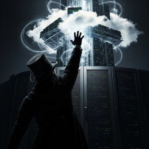figure in black hat struggling to reach cloud and on-prem technology