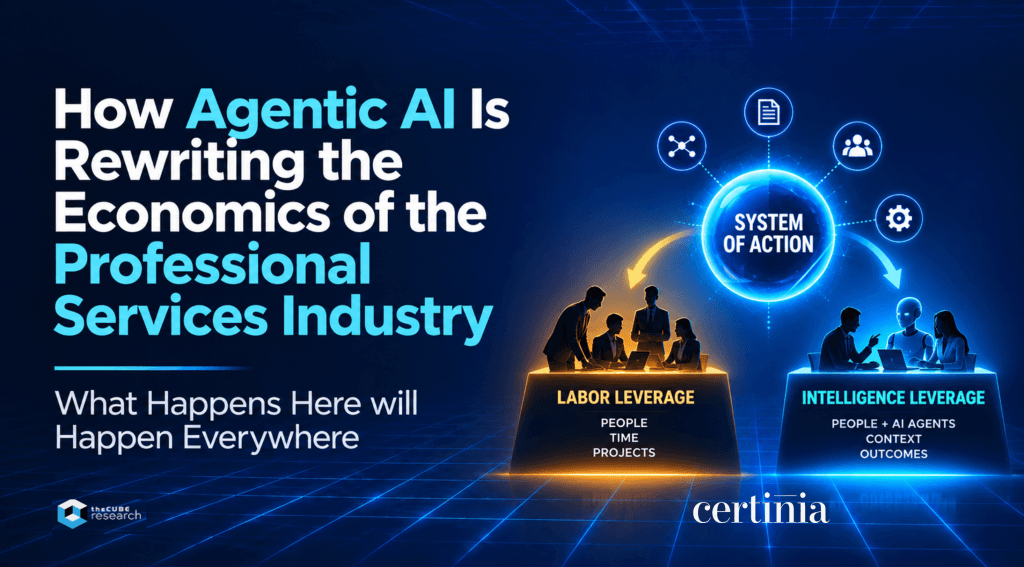 Cover page / thumbnail for the research brief "How Agentic AI is Rewriting the Economics of the Professional Services Industry" which makes the case that labor leverage will shift to intelligence leverage.