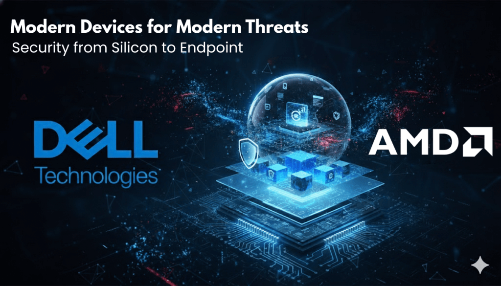 A conceptual image for an article on endpoint security, showing layered security features like "Silicon Root of Trust" and "Memory Guard" rising from a microchip base. The Dell Technologies logo is featured next to the article title, "Modern Devices for Modern Threats: Security from Silicon to Endpoint."