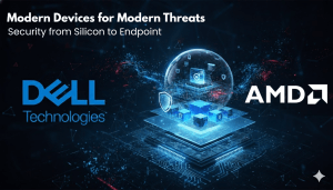 A conceptual image for an article on endpoint security, showing layered security features like "Silicon Root of Trust" and "Memory Guard" rising from a microchip base. The Dell Technologies logo is featured next to the article title, "Modern Devices for Modern Threats: Security from Silicon to Endpoint."