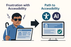Split-screen illustration showing AI as the bridge to accessibility. On the left, a blind user struggles with an inaccessible government website. In the middle, AI is symbolized as the path forward. On the right, a clean accessible portal with accessibility and AI icons ensures inclusion and compliance.