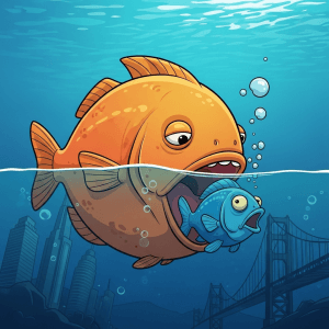 Large orange fish (Palo Alto) eats smaller blue fish (CyberArk)