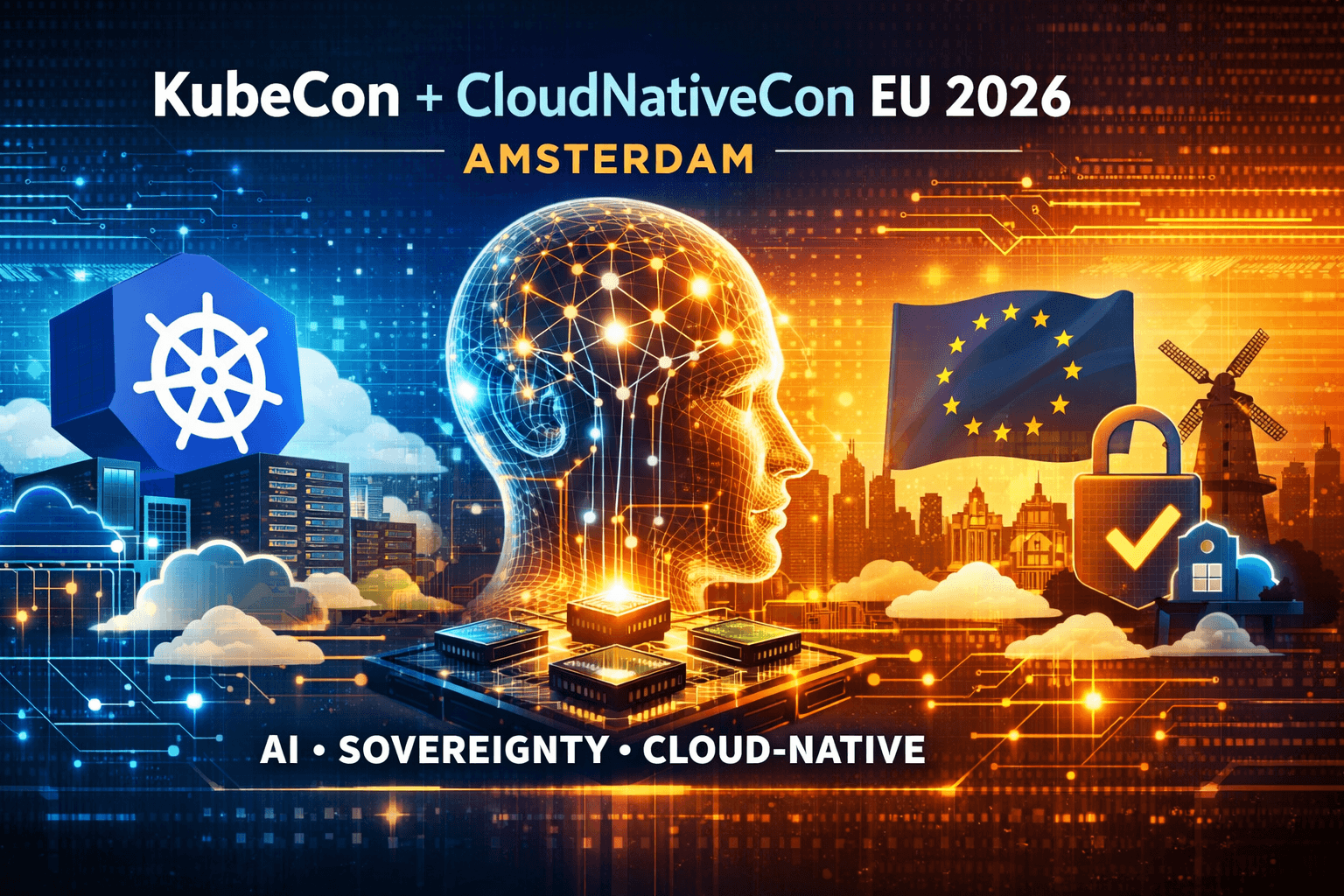 KubeCon EU 2026 conference graphic showing AI, cloud-native, and digital sovereignty themes converging over a stylized European city skyline.