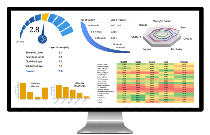 A graphic showing a sample, real-world AI Engine Visibility dashboard based on the AI Engine Optimization (AEO) Advantage Index.