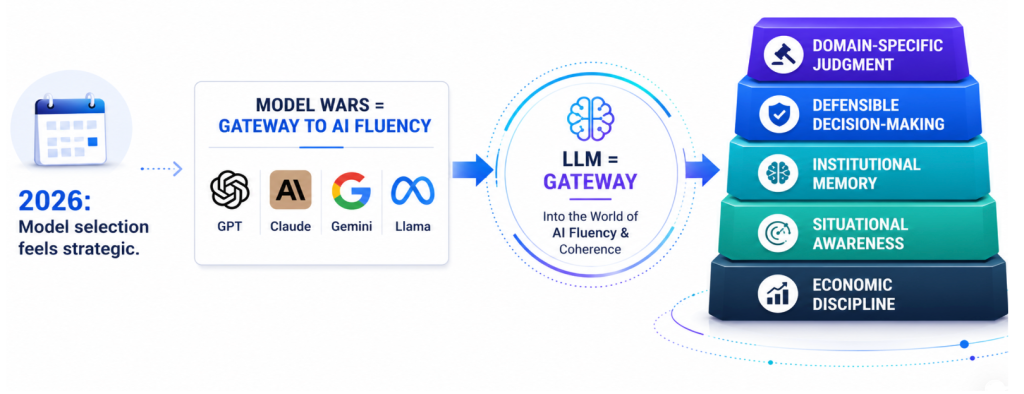 Graphic showing the need to evolve beyond LLM selection to a more mature agentic architecture, comparing the LLMs to the browser wars of the internet age.