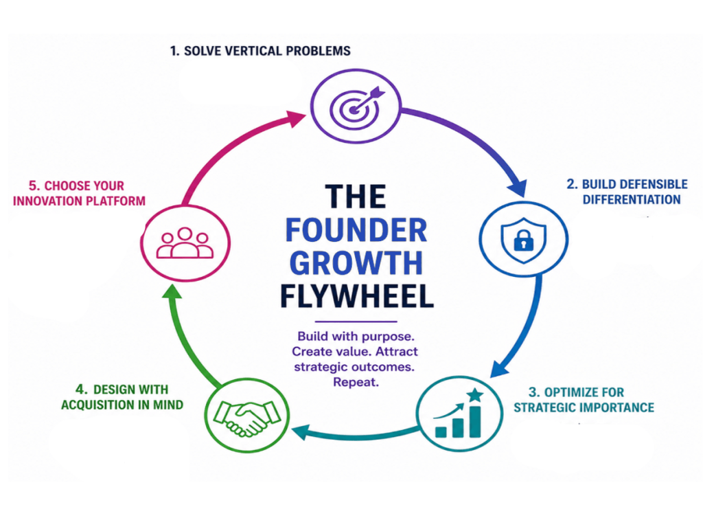 A graphic illustrating the new Founder wealth flywheel which outlines what startups need to focus on to succeed in the AI era.