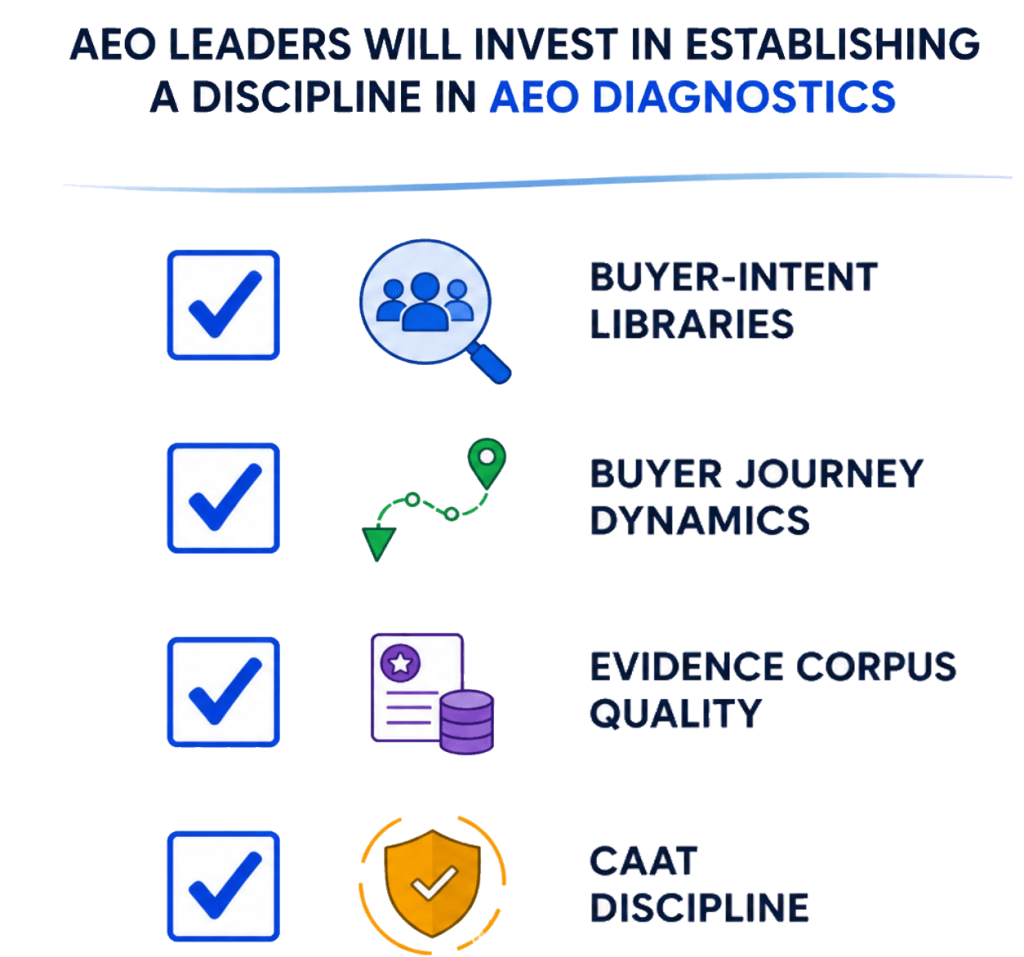 A checklist graphic listing the key actions that AEO leaders will take over the next year.