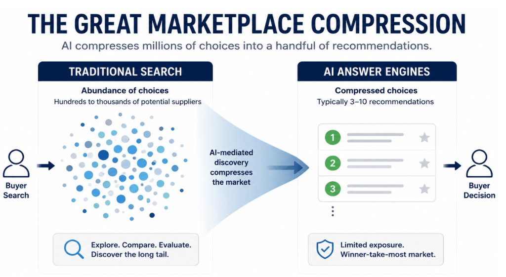 Graphic illustrating the Great Marketplace Compression that AI answer engines and AI-mediated buyer journeys are creating where compared to traditional search engines, they return far fewer options.