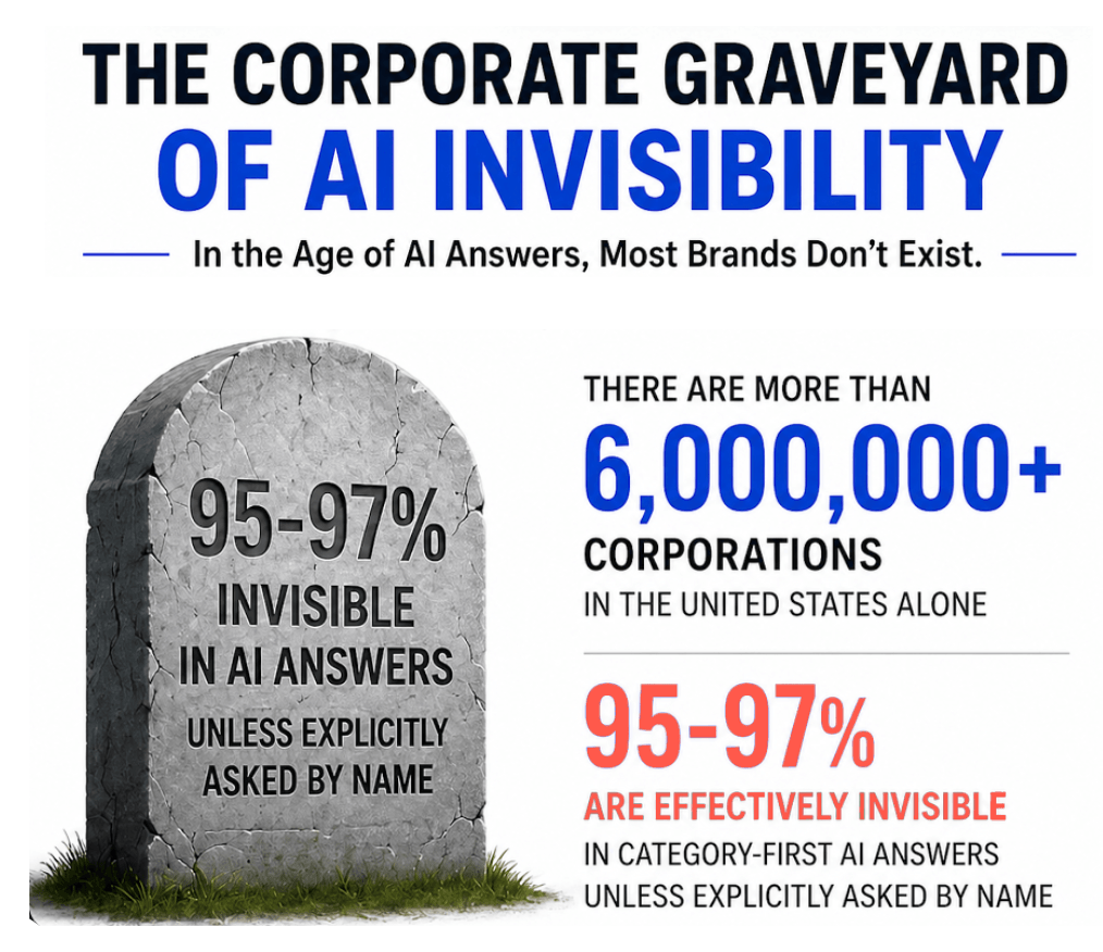 theCUB Research estimates that 95-97% of the 6+ million corporations in the United States alone are invisible in AI answers.