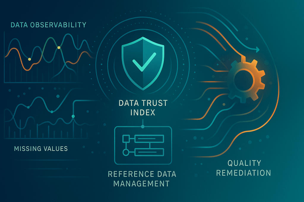Abstract futuristic illustration showing data observability, reference data management, a central data trust index shield, and automated quality remediation represented through flowing lines and system diagrams.
