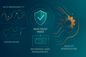 Abstract futuristic illustration showing data observability, reference data management, a central data trust index shield, and automated quality remediation represented through flowing lines and system diagrams.