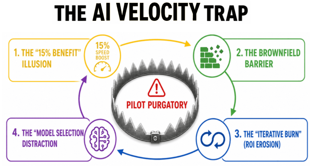 An illustration of the AI Velocity Trap, where enterprises get "trapped" in a false promise of progress when overly focused on foundation models, and not enterprise architectures.